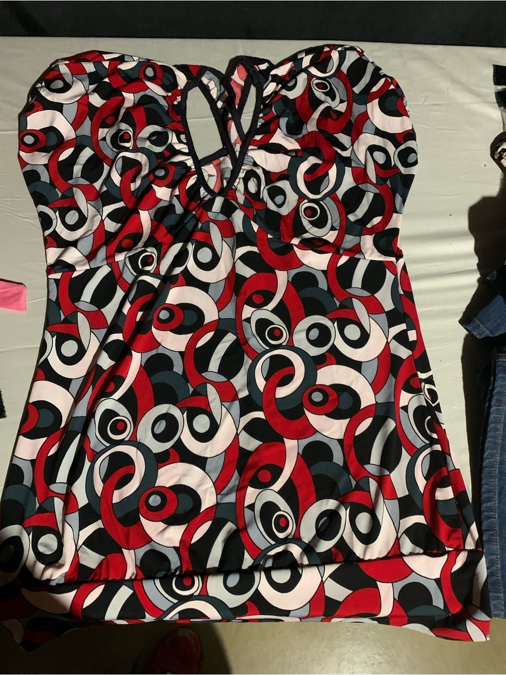 Women's Strapless Patterned Tankini Top - Red / Black / White